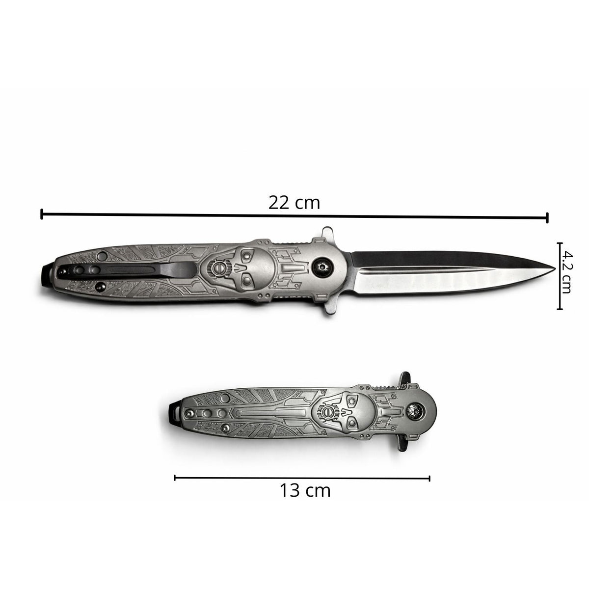 Navaja metálica plegable con diseño de calavera, clip y bloqueo - foto 4