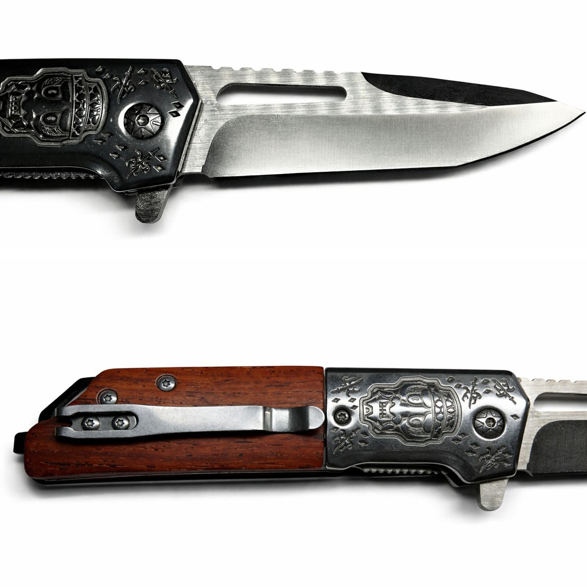 Navaja plegable con calavera grabada, mango de madera y clip - foto 3
