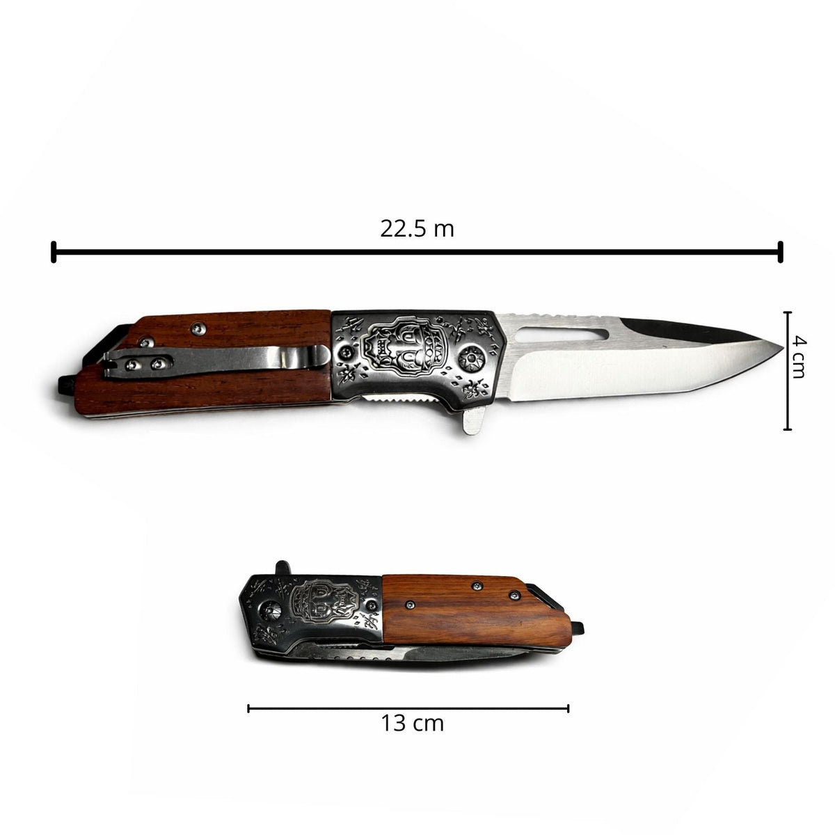 Navaja plegable con calavera grabada, mango de madera y clip - foto 4