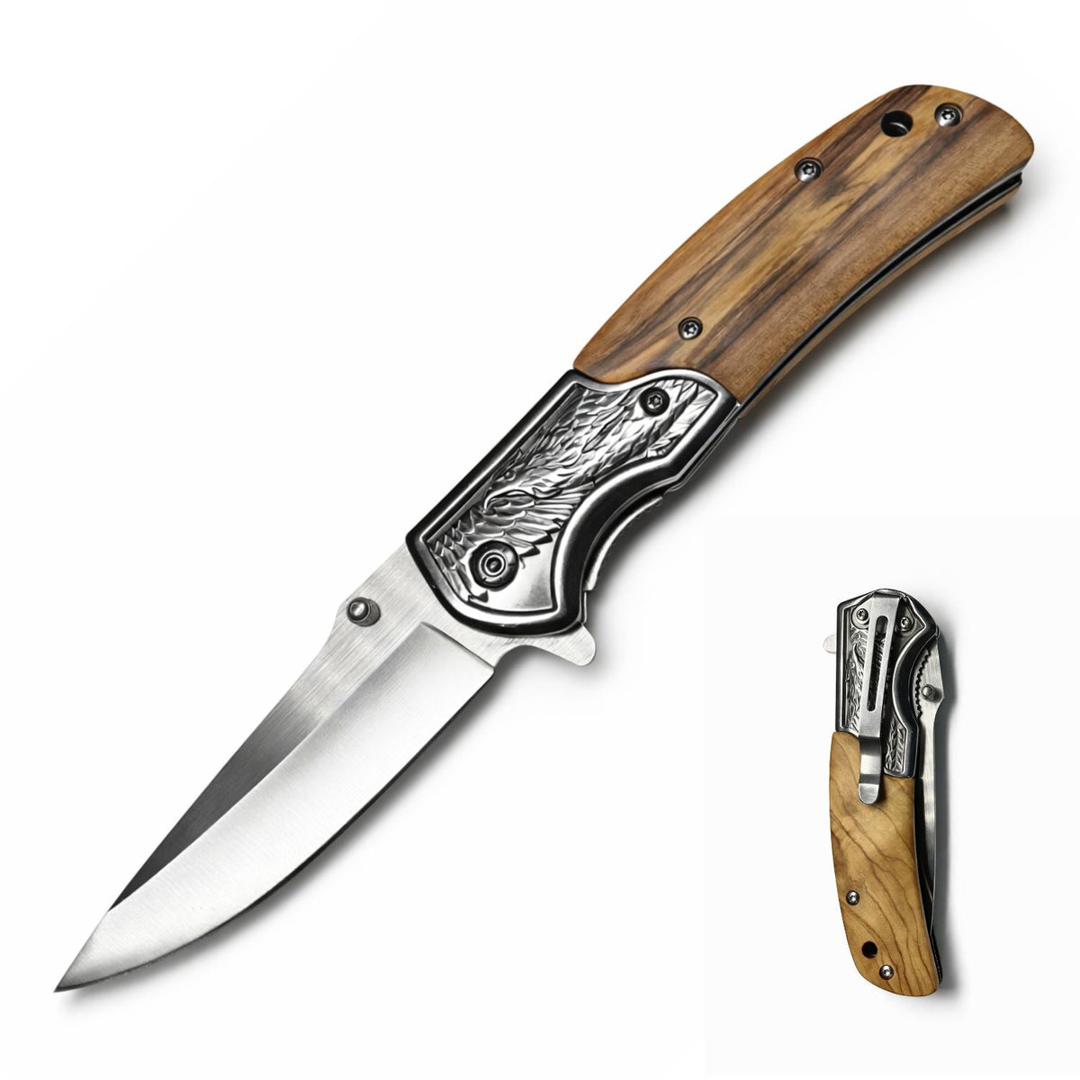 Navaja EDC plegable con águila grabada, clip y apertura rápida