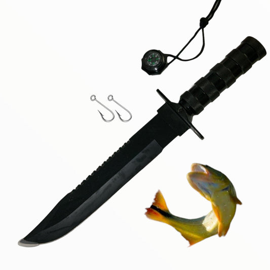 Cuchillo estilo Rambo de acero con funda, brújula y anzuelos JFA1