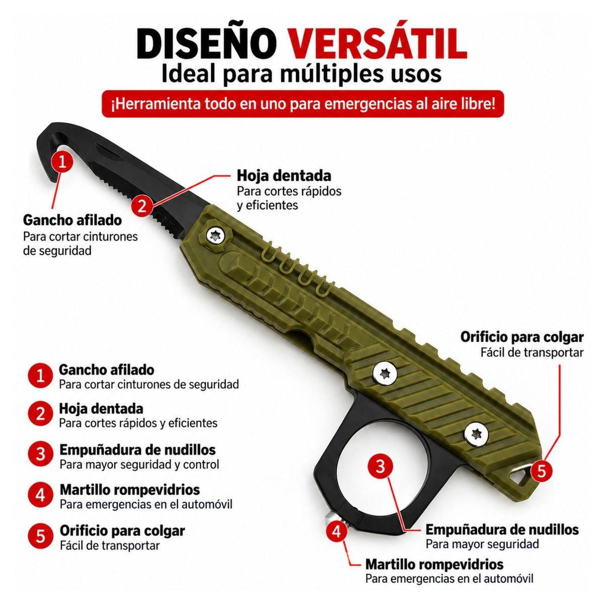 Herramienta multifuncional con hoja dentada, cortador de gancho y rompevidrios - foto 7