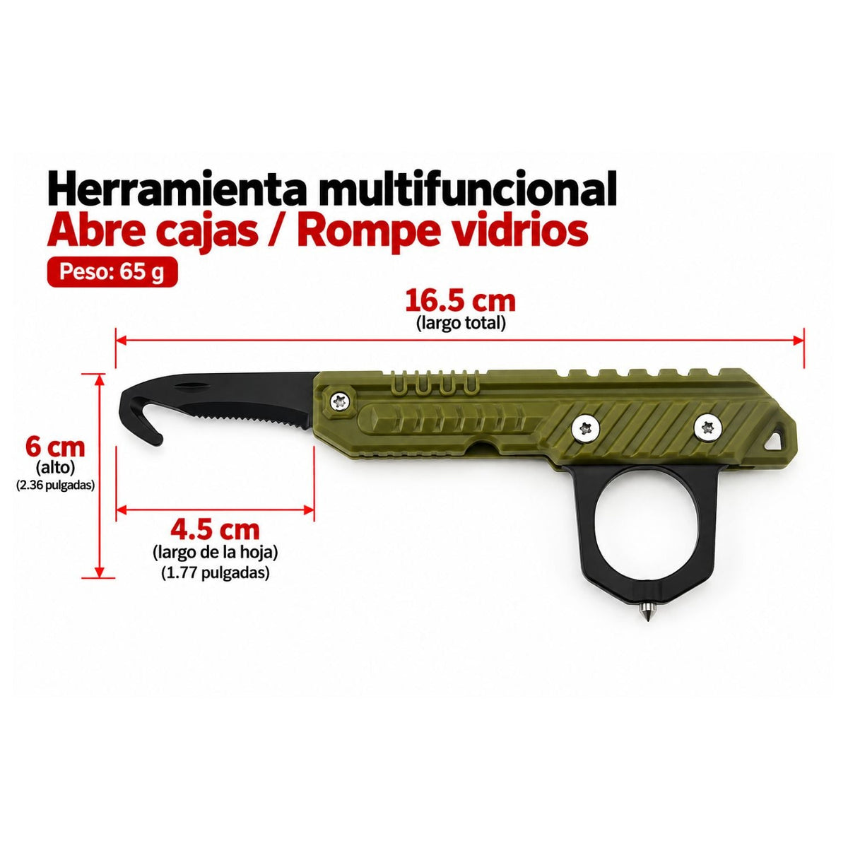 Herramienta multifuncional con hoja dentada, cortador de gancho y rompevidrios - foto 5