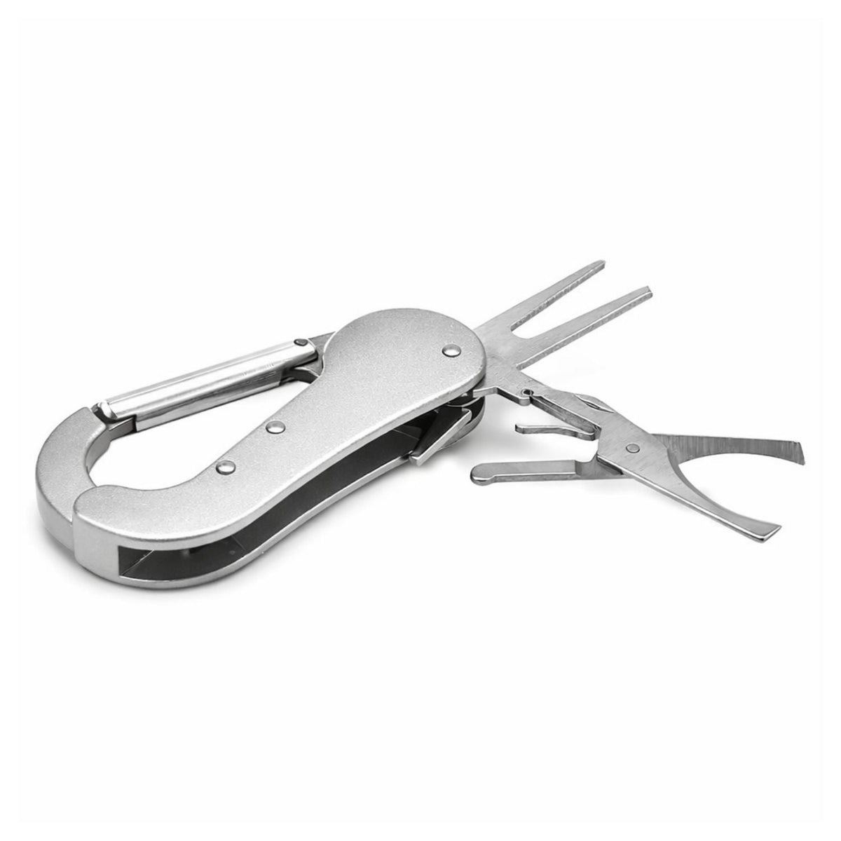 Mosquetón multiherramienta con alicate y tenedor plegable, 9 cm