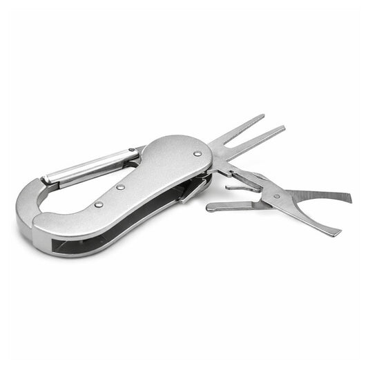 Mosquetón multiherramienta con alicate y tenedor plegable, 9 cm