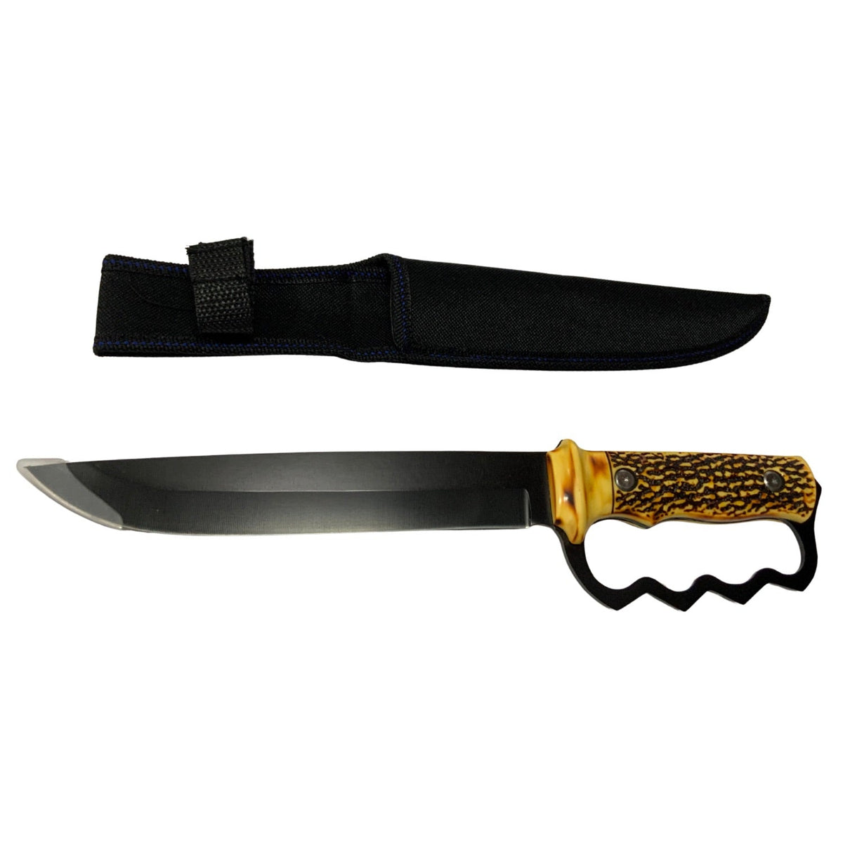 Cuchillo de campo de 33 cm con hoja negra, nudillera y funda de tela - foto 2