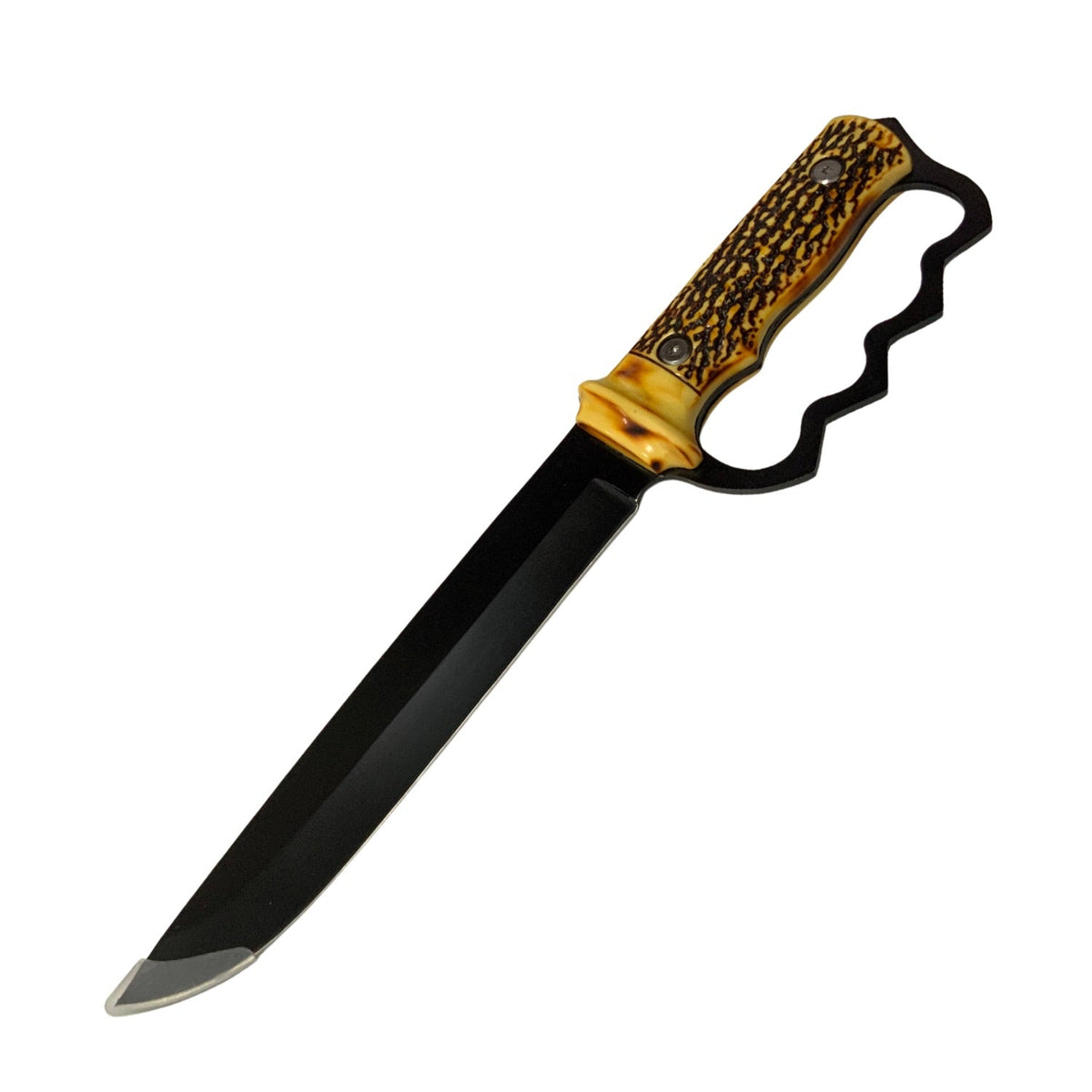 Cuchillo de campo de 33 cm con hoja negra, nudillera y funda de tela