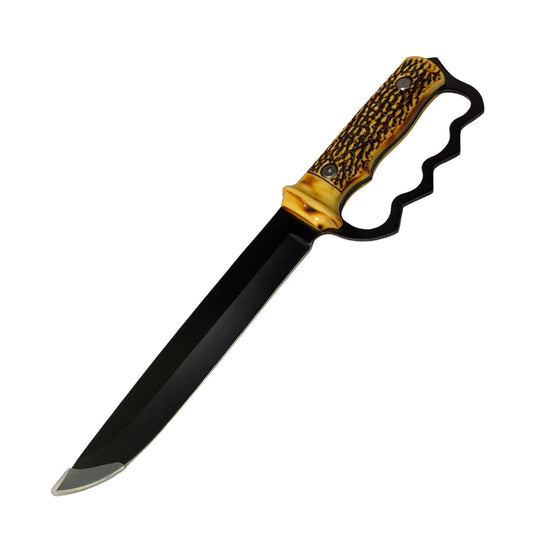 Cuchillo de campo de 33 cm con hoja negra, nudillera y funda de tela