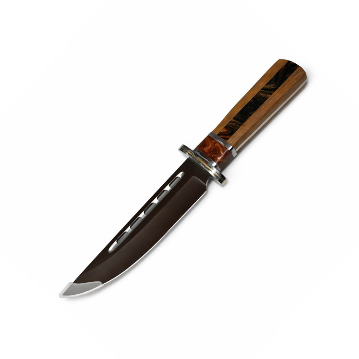 Cuchillo Bowie de hoja fija de 34 cm con mango tipo madera y funda