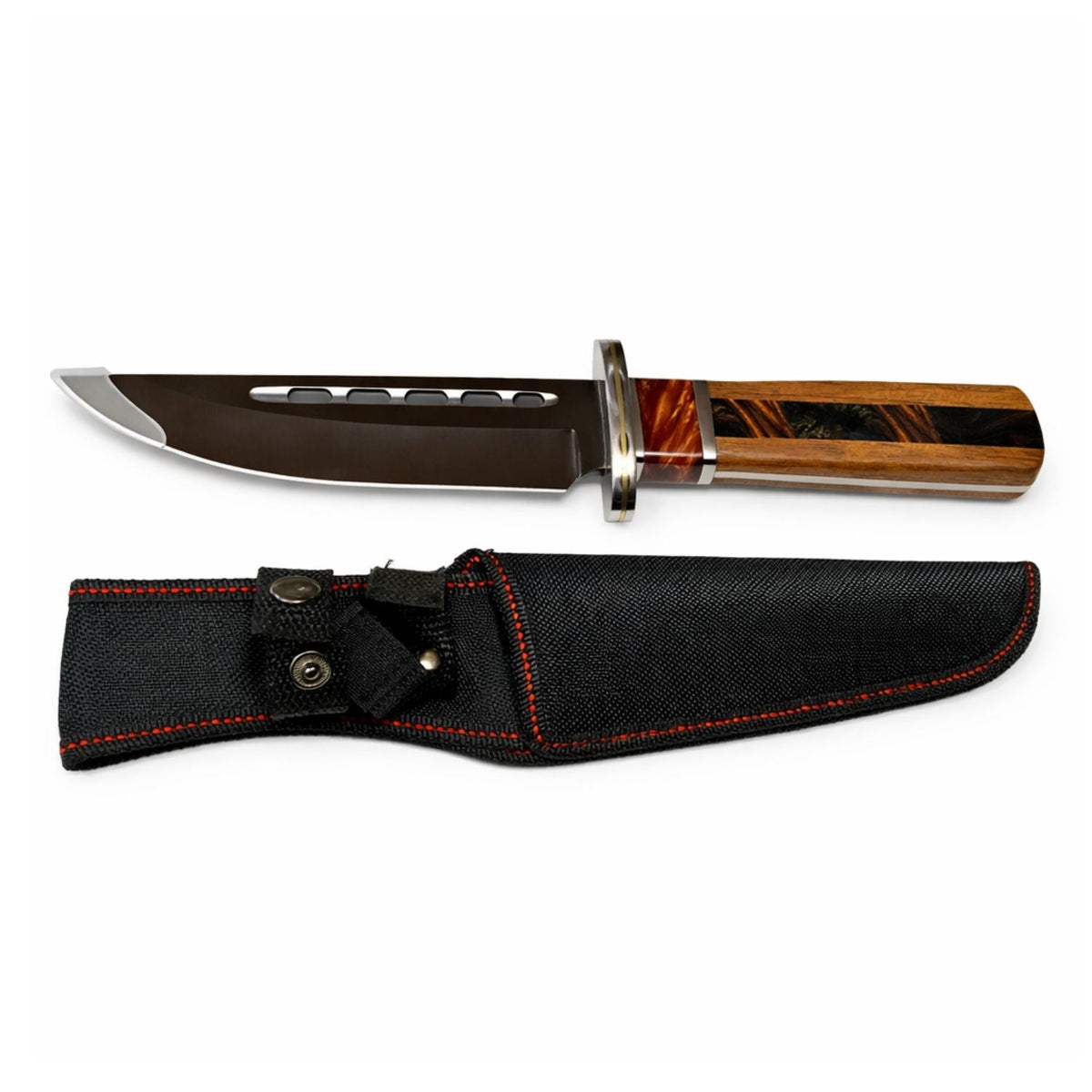 Cuchillo Bowie de hoja fija de 34 cm con mango tipo madera y funda - foto 2