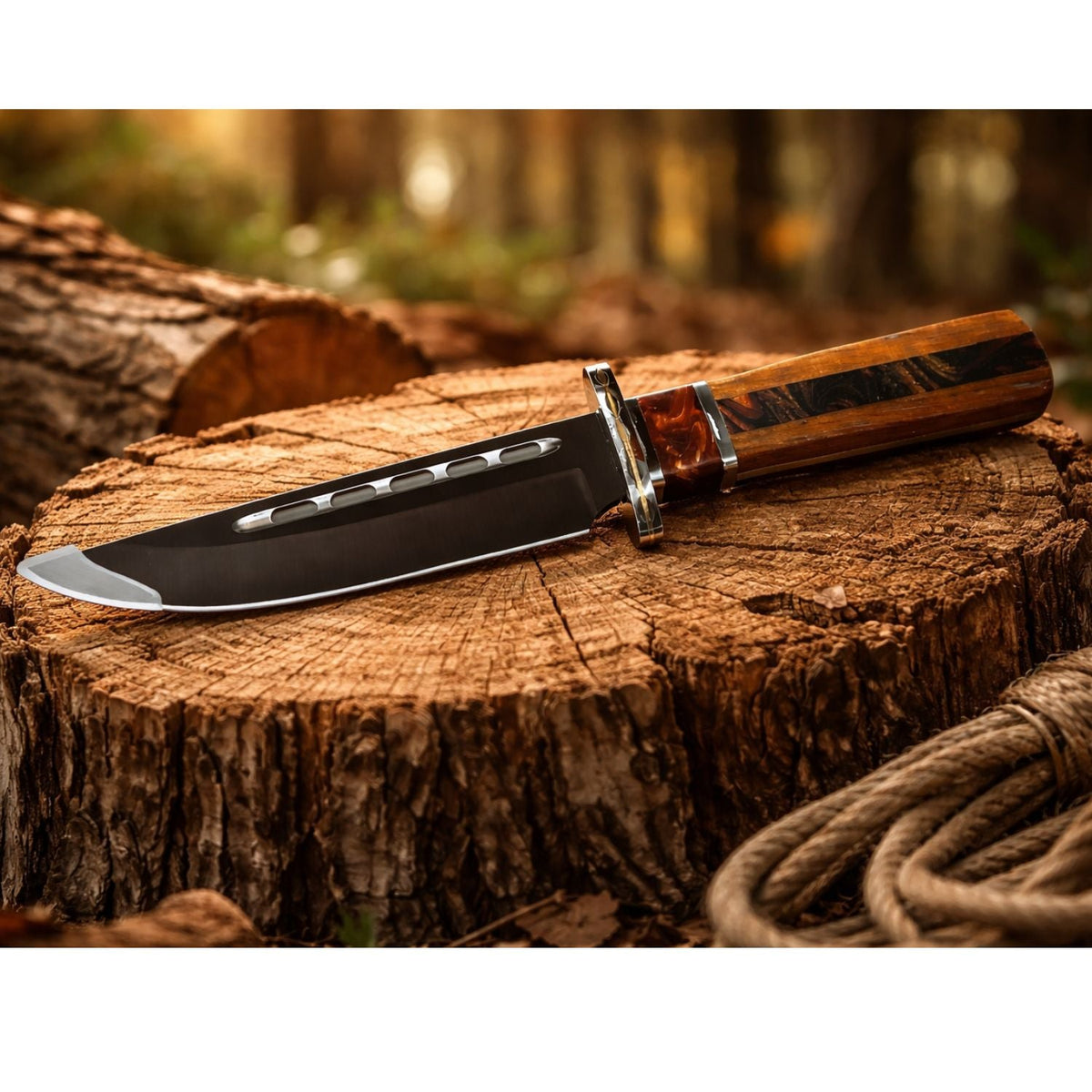 Cuchillo Bowie de hoja fija de 34 cm con mango tipo madera y funda - foto 3