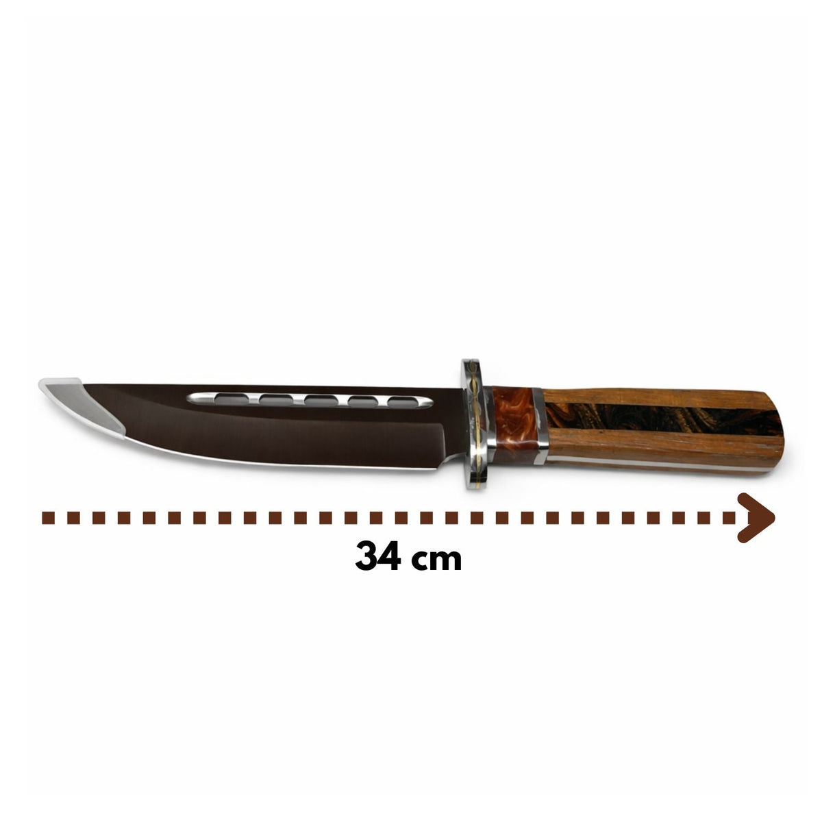 Cuchillo Bowie de hoja fija de 34 cm con mango tipo madera y funda - foto 4