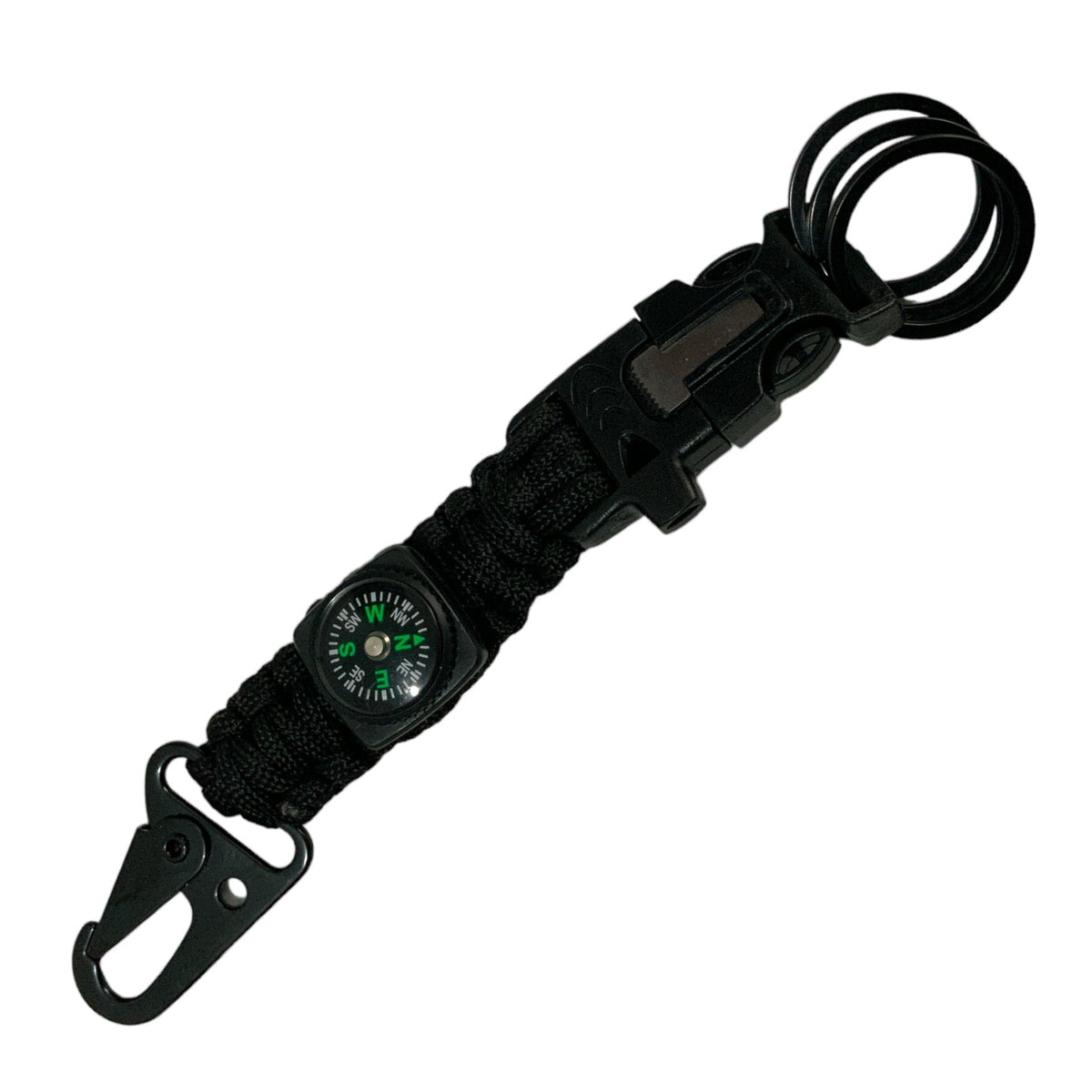 Mosquetón llavero con paracord, pedernal y silbato JFX
