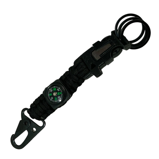 Mosquetón llavero con paracord, pedernal y silbato JFX