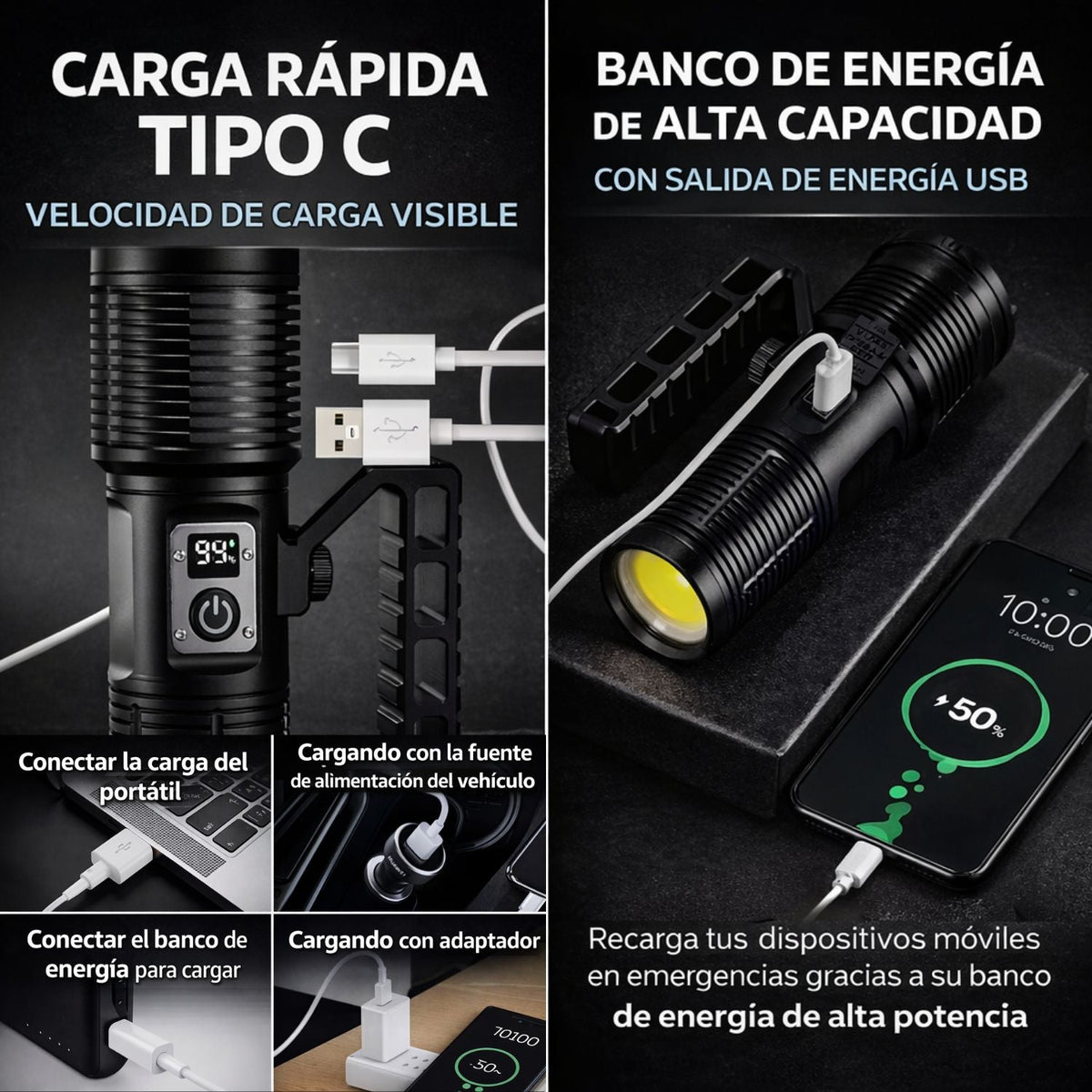 Linterna recargable con power bank, luz COB trasera y pantalla de batería - foto 3