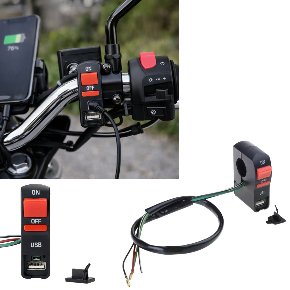 Interruptor ON/OFF con doble USB para manubrio de moto - foto 2