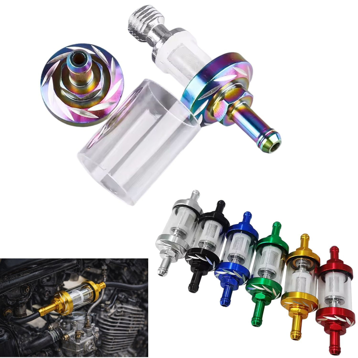 Filtro de gasolina universal para moto, cuerpo transparente y extremos dorados - foto 2