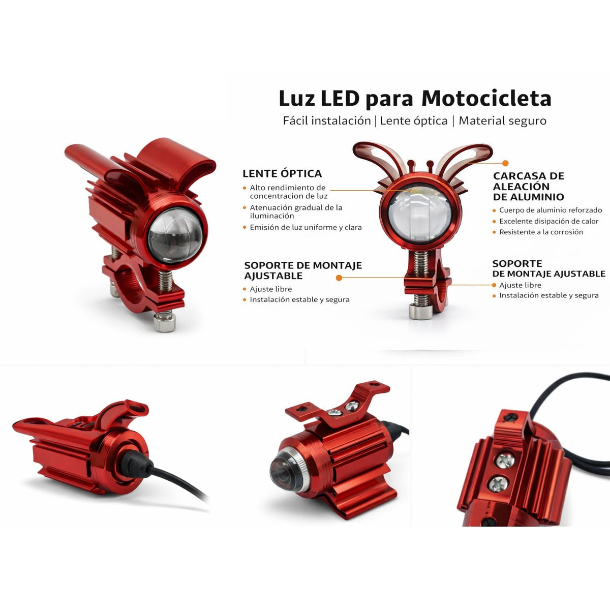 Faro auxiliar LED para manubrio de moto con lente óptica y carcasa de aluminio - foto 3