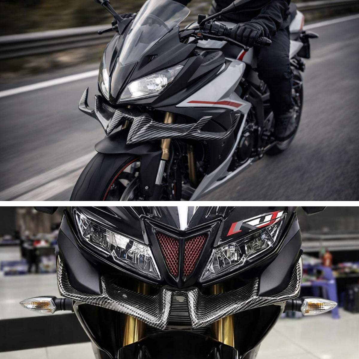 Alerón frontal universal para moto con acabado tipo fibra de carbono - foto 2