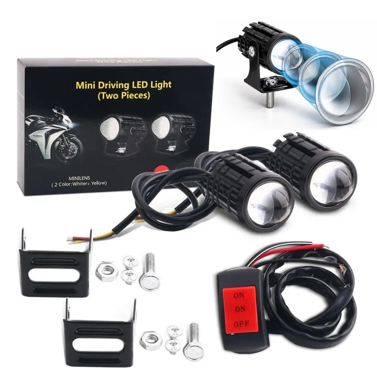 Kit de 2 faros LED auxiliares para moto con luz blanca y ámbar e interruptor - foto 3