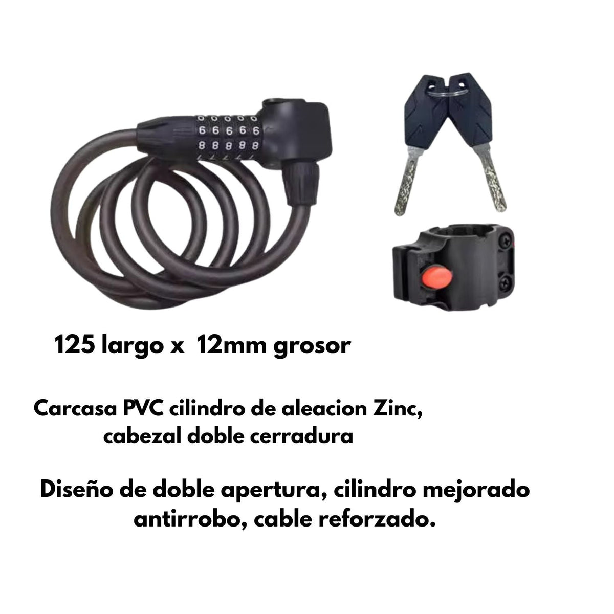 Candado de cable para moto y bici con clave de 5 dígitos y llave - foto 3