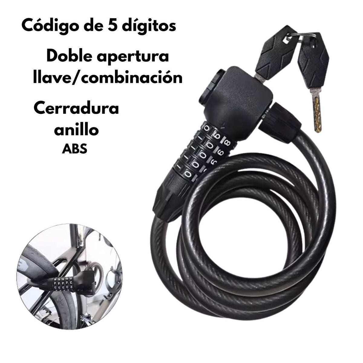 Candado de cable para moto y bici con clave de 5 dígitos y llave - foto 4