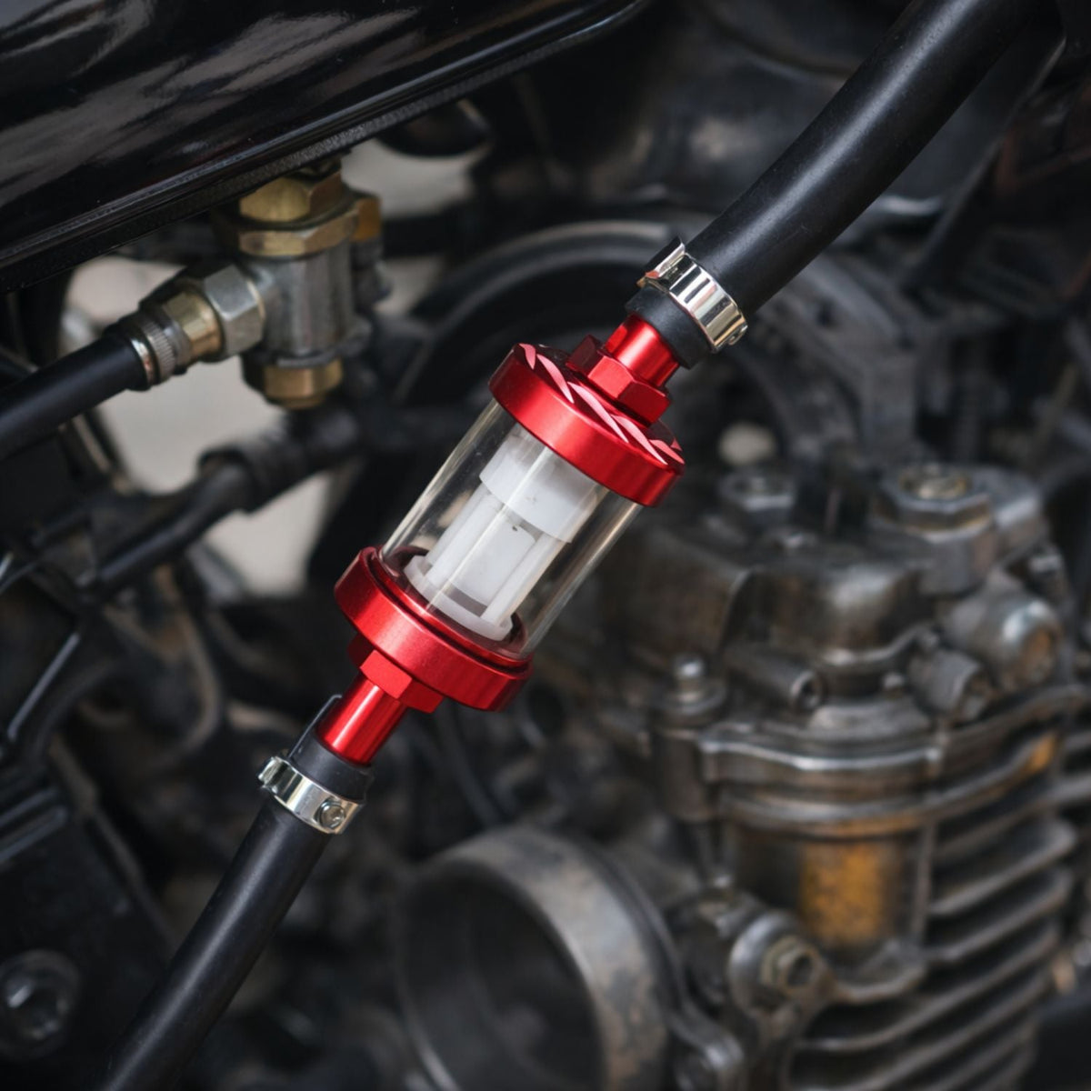 Filtro de gasolina en línea para moto, transparente con tapas metálicas - foto 4