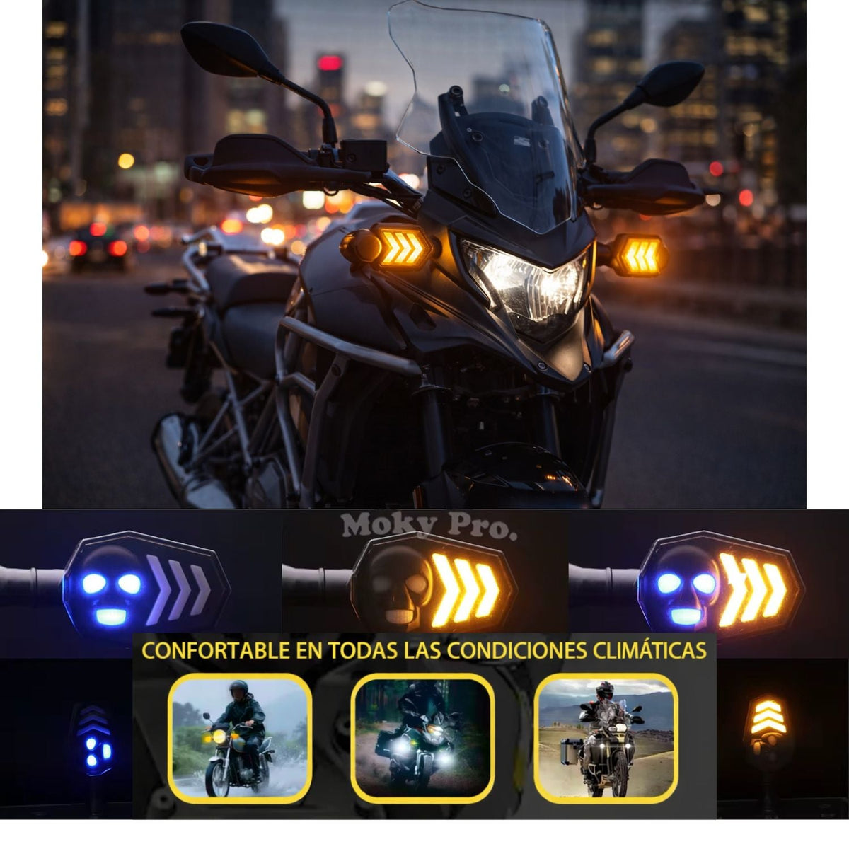 Direccionales LED tipo flecha para moto, luz azul y ámbar, par universal - foto 2