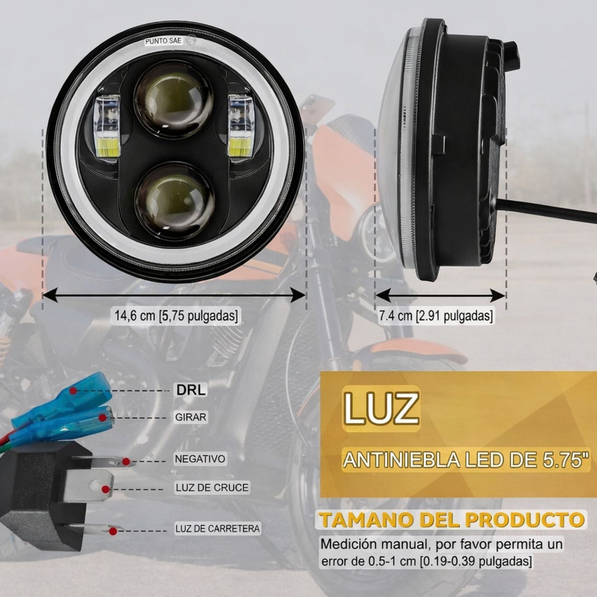 Faro LED redondo para moto con aro halo DRL y direccional ámbar, IP67 - foto 2