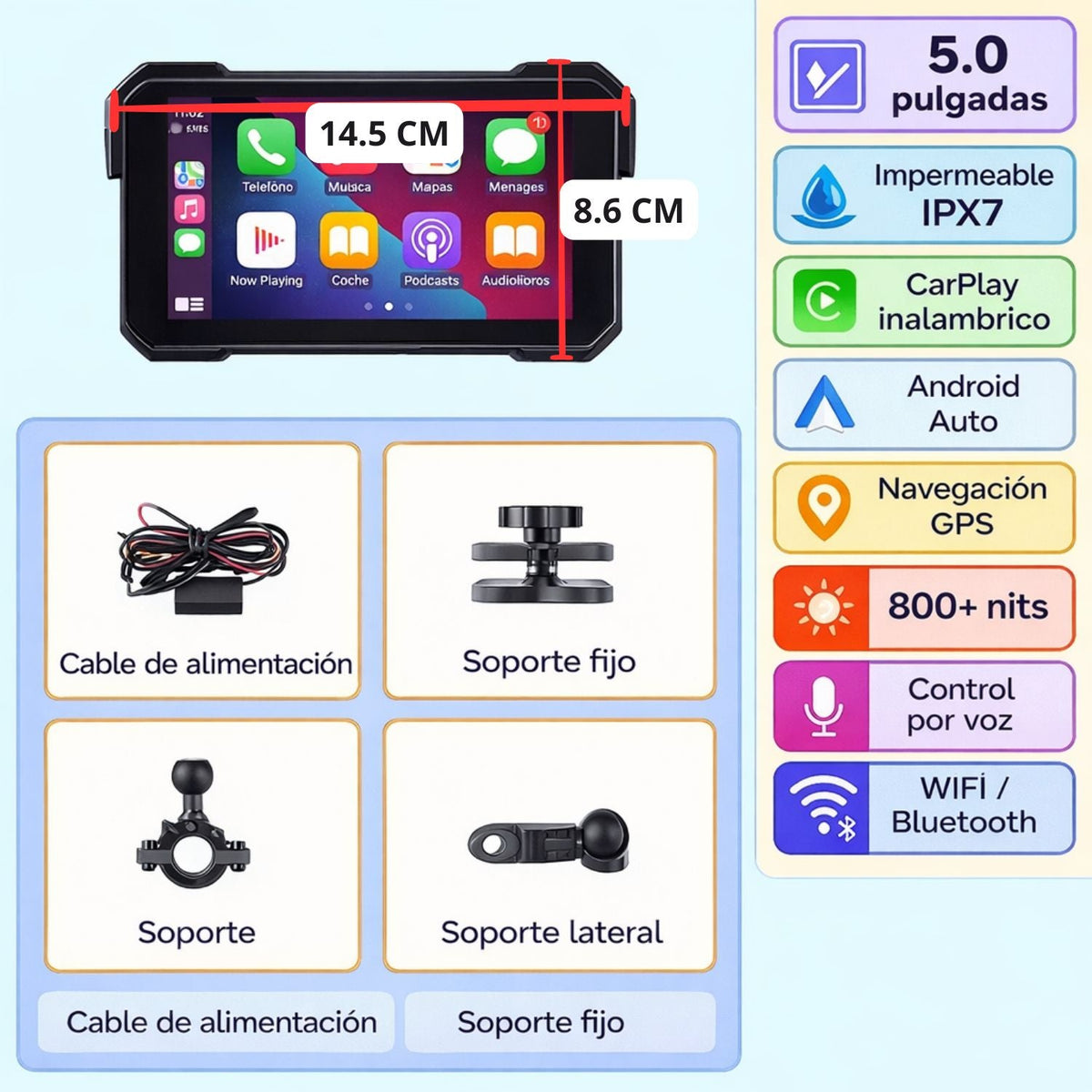Pantalla de 5 pulgadas para moto con CarPlay, Android Auto y GPS, IPX7 - foto 2