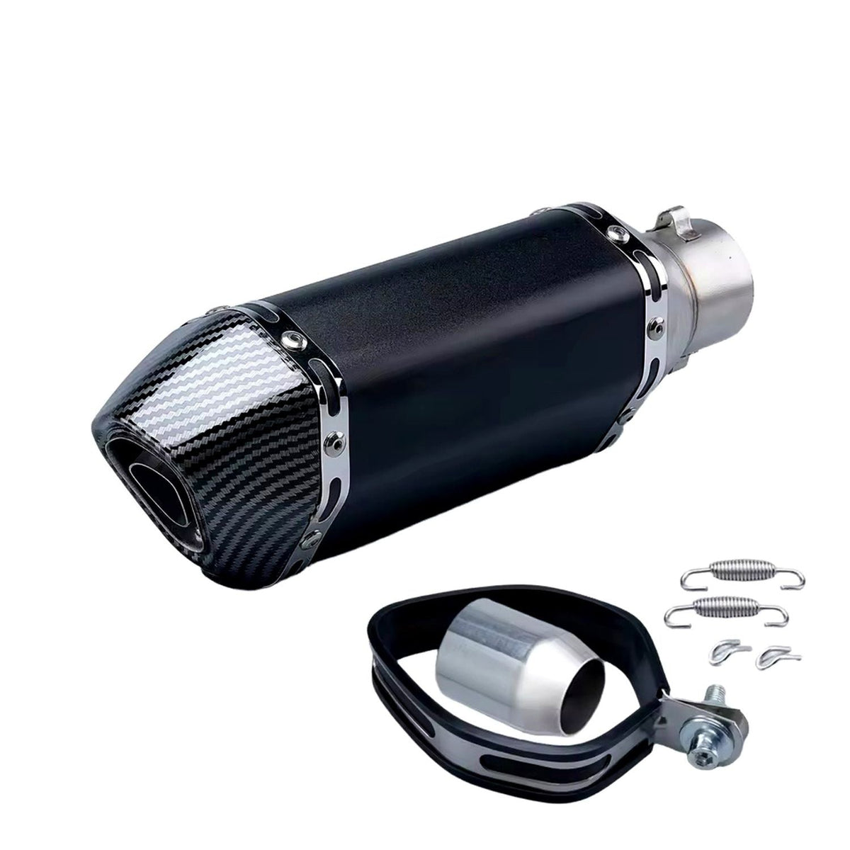 Silenciador deportivo para moto negro mate con punta tipo fibra de carbono