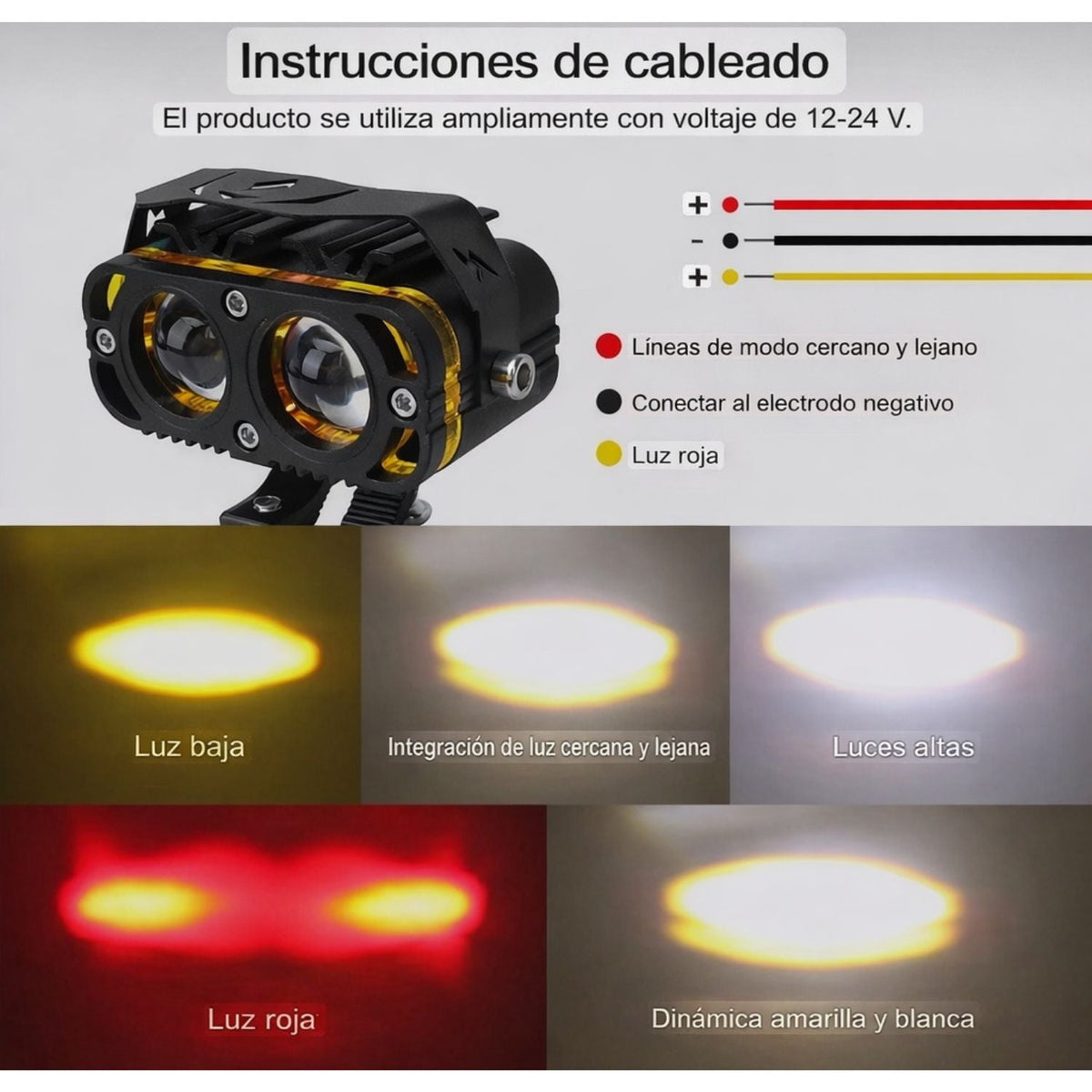 Faro LED auxiliar de 4 lentes bicolor para moto y off road, IP67, 12 V - foto 2
