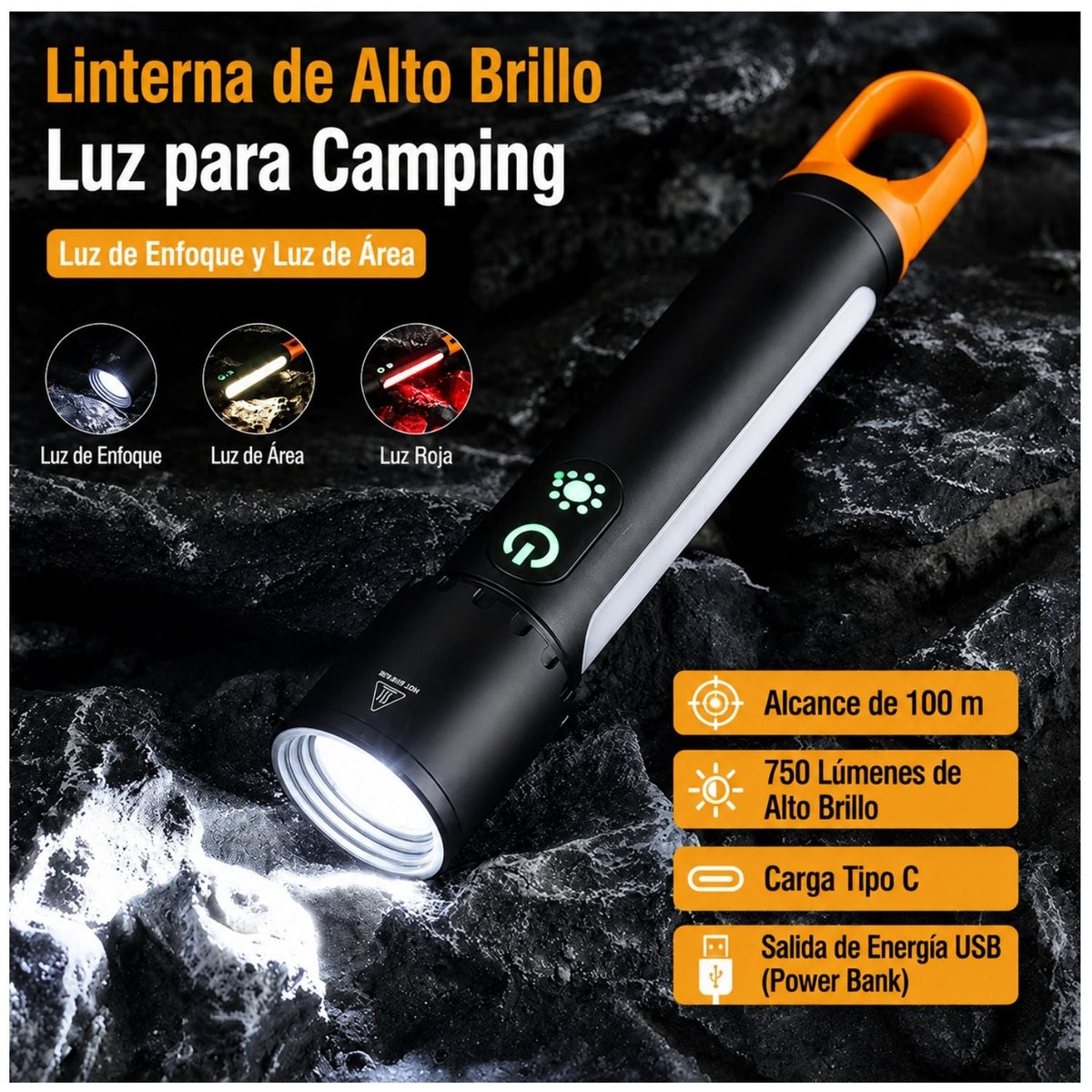 Lámpara de mano recargable de 750 lúmenes con zoom, gancho y 9 modos - foto 4