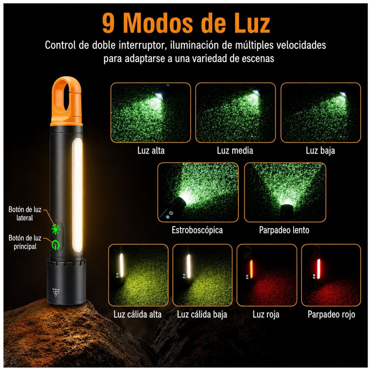 Lámpara de mano recargable de 750 lúmenes con zoom, gancho y 9 modos - foto 5