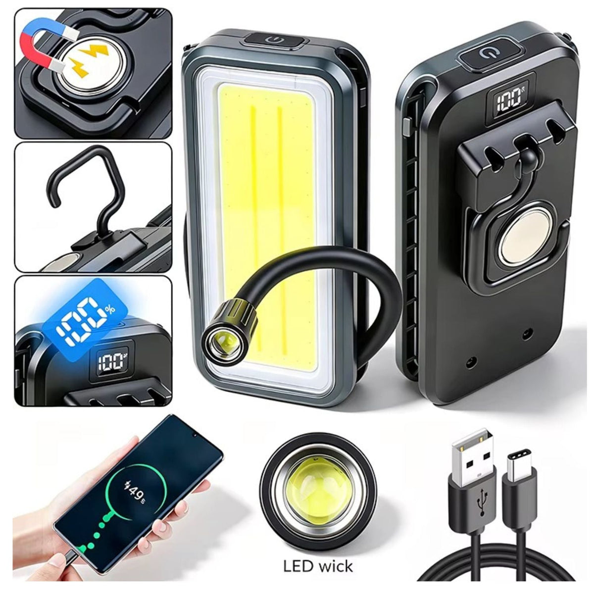 Lámpara de trabajo LED con cuello flexible, imán, gancho y power bank (MTYX125) - foto 4