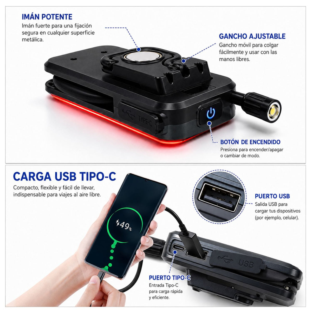 Lámpara de trabajo LED con cuello flexible, imán, gancho y power bank (MTYX125) - foto 5