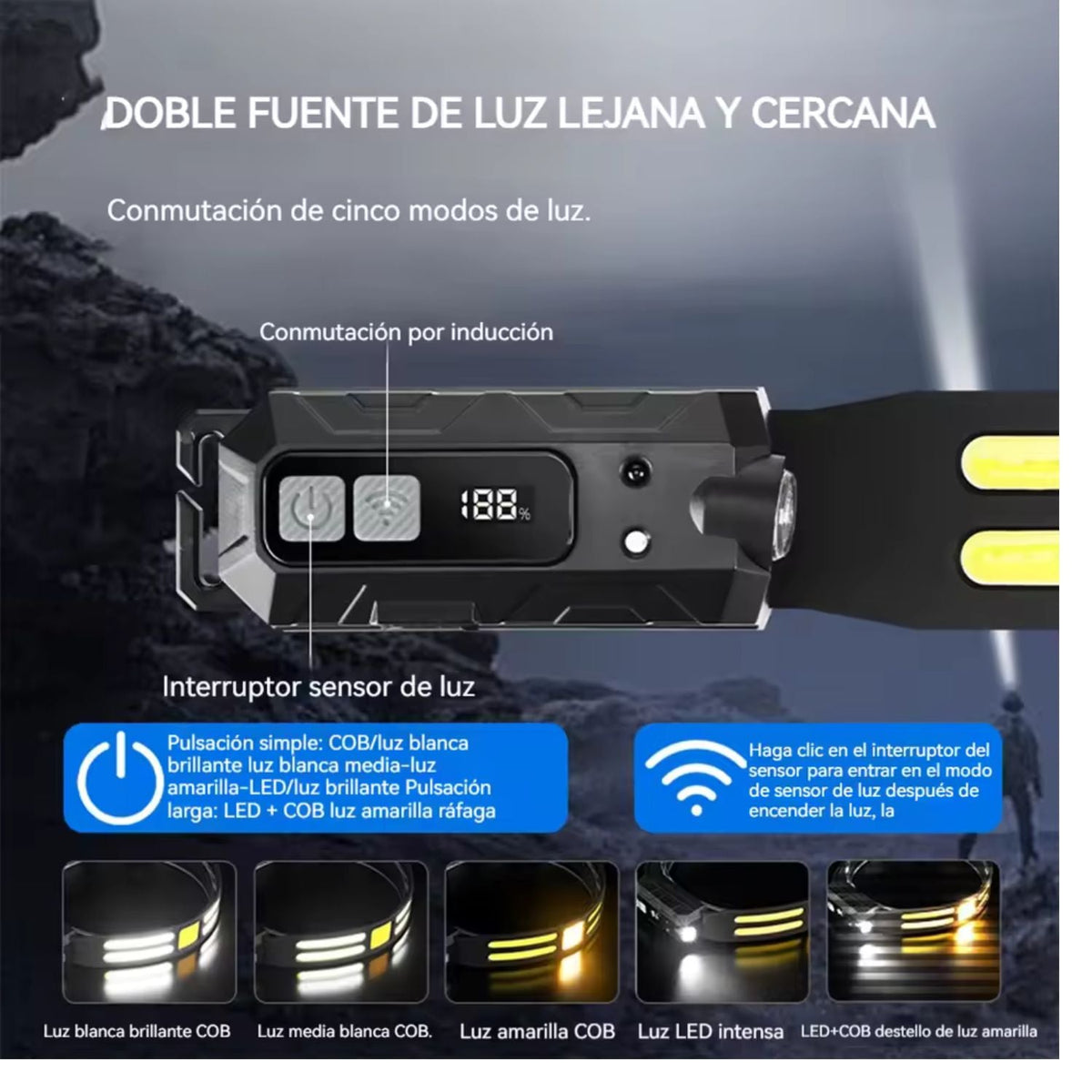 Lámpara frontal LED y COB 230° con sensor Wave y pantalla de batería - foto 2