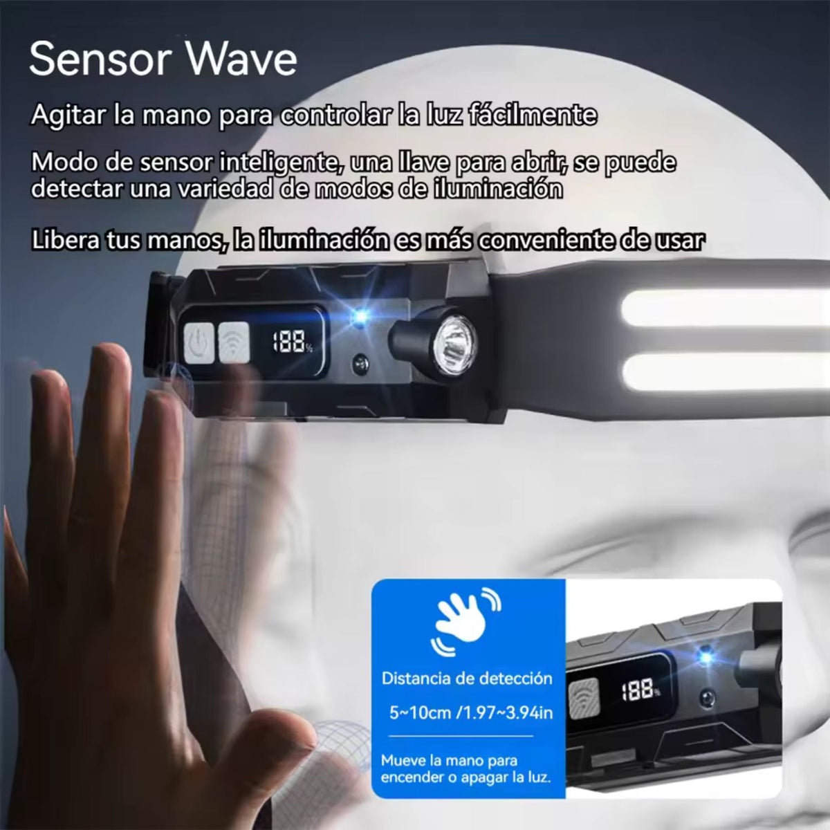 Lámpara frontal LED y COB 230° con sensor Wave y pantalla de batería - foto 3
