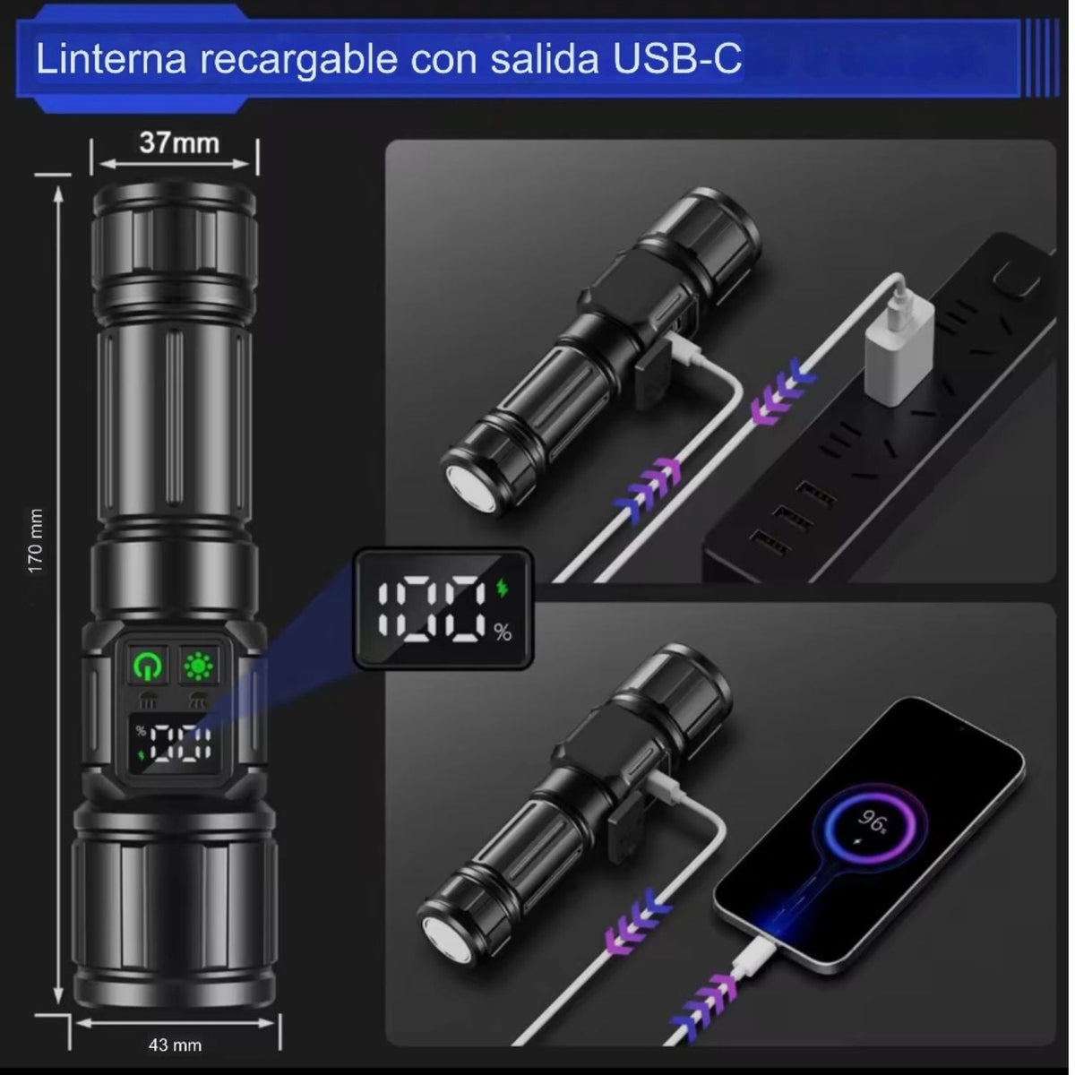 Linterna LED recargable USB-C con power bank, luz COB lateral y 9 modos - foto 4