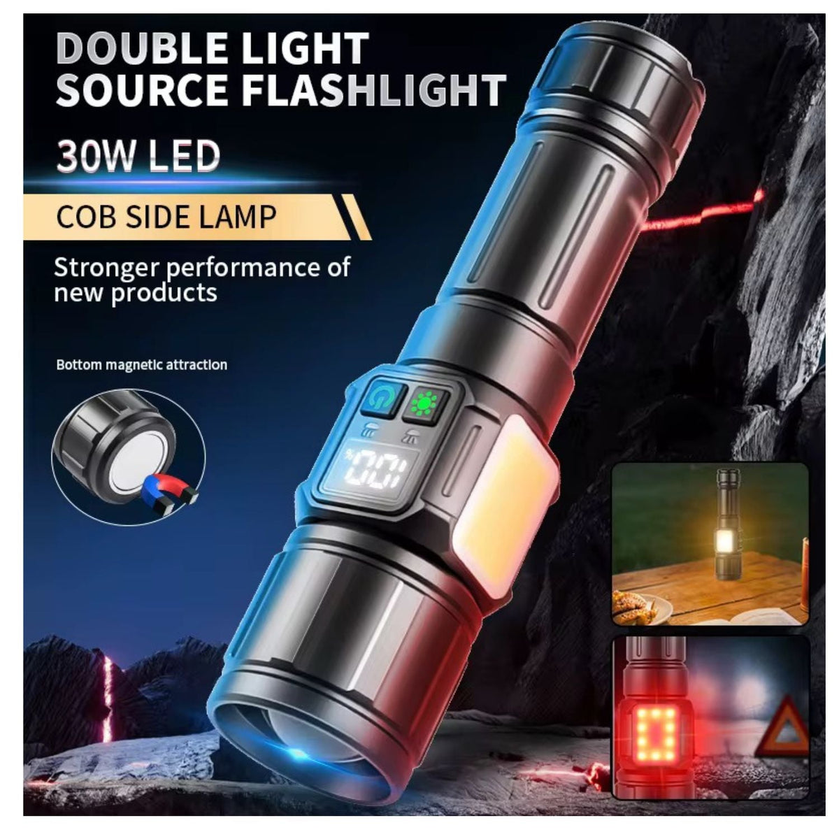 Linterna LED 30 W con zoom, luz lateral COB, imán y estuche - foto 7