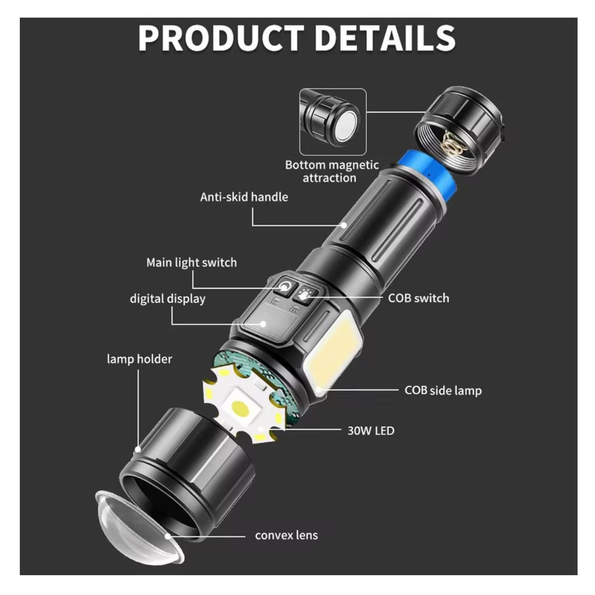 Linterna LED 30 W con zoom, luz lateral COB, imán y estuche