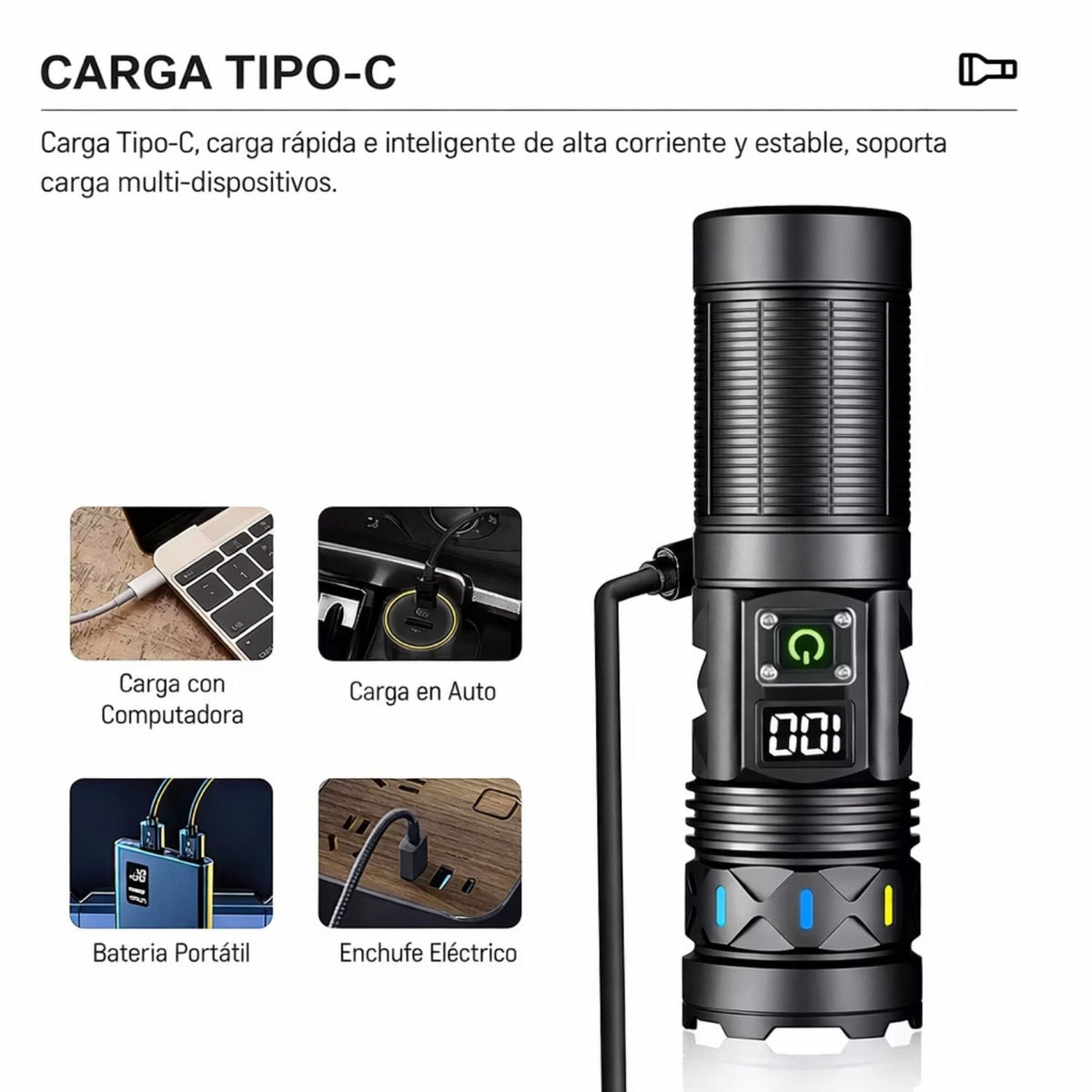 Linterna táctica recargable USB-C con pantalla digital y maletín - foto 3