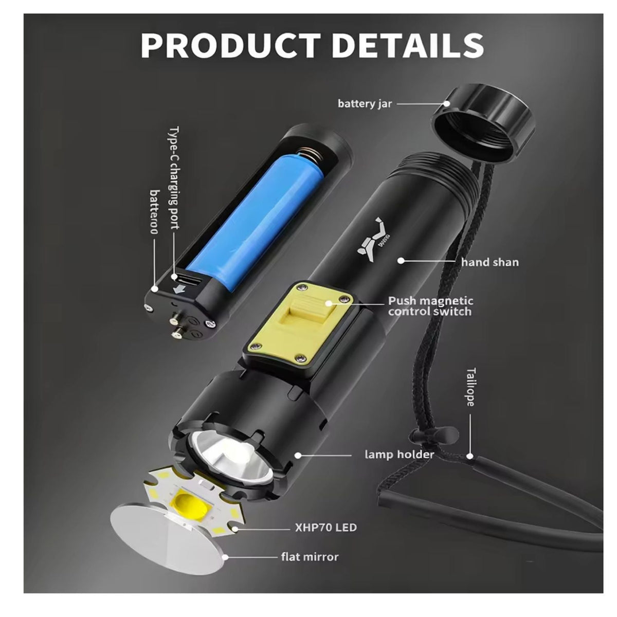 Linterna para buceo IPX8 con interruptor magnético y carga USB-C - foto 5