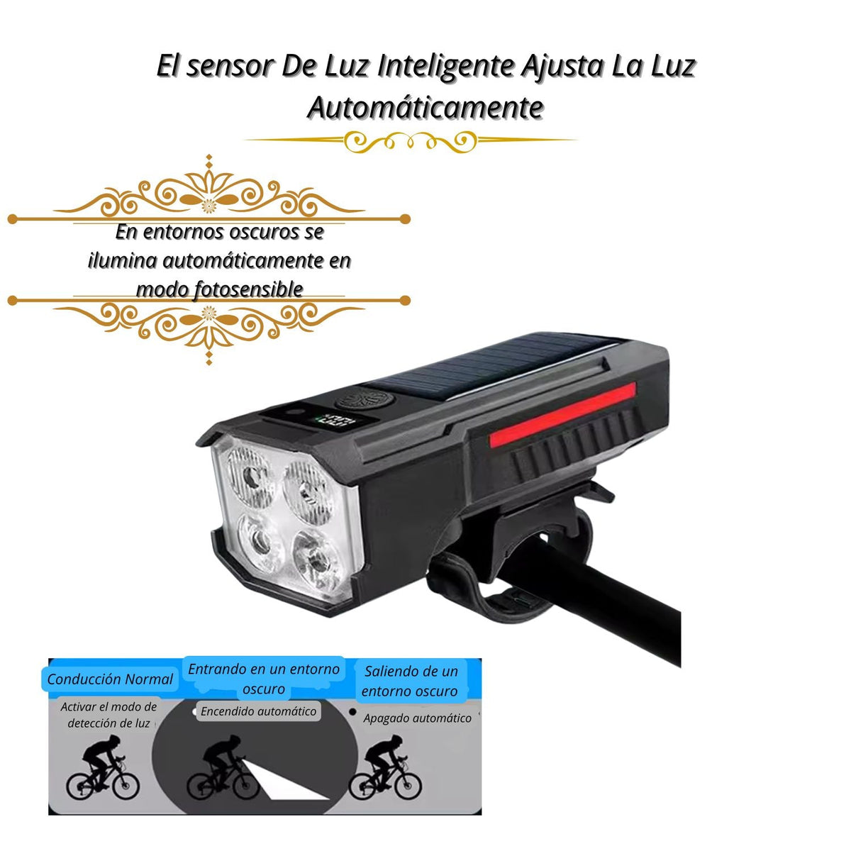 Luz delantera solar para bicicleta con bocina de 120 dB y sensor automático - foto 3