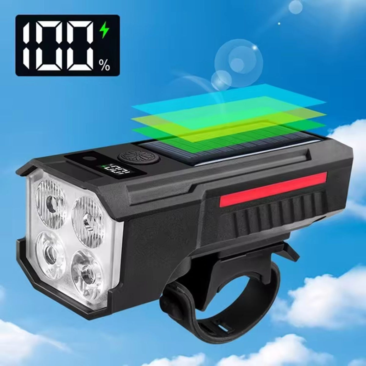 Luz delantera solar para bicicleta con bocina de 120 dB y sensor automático - foto 5