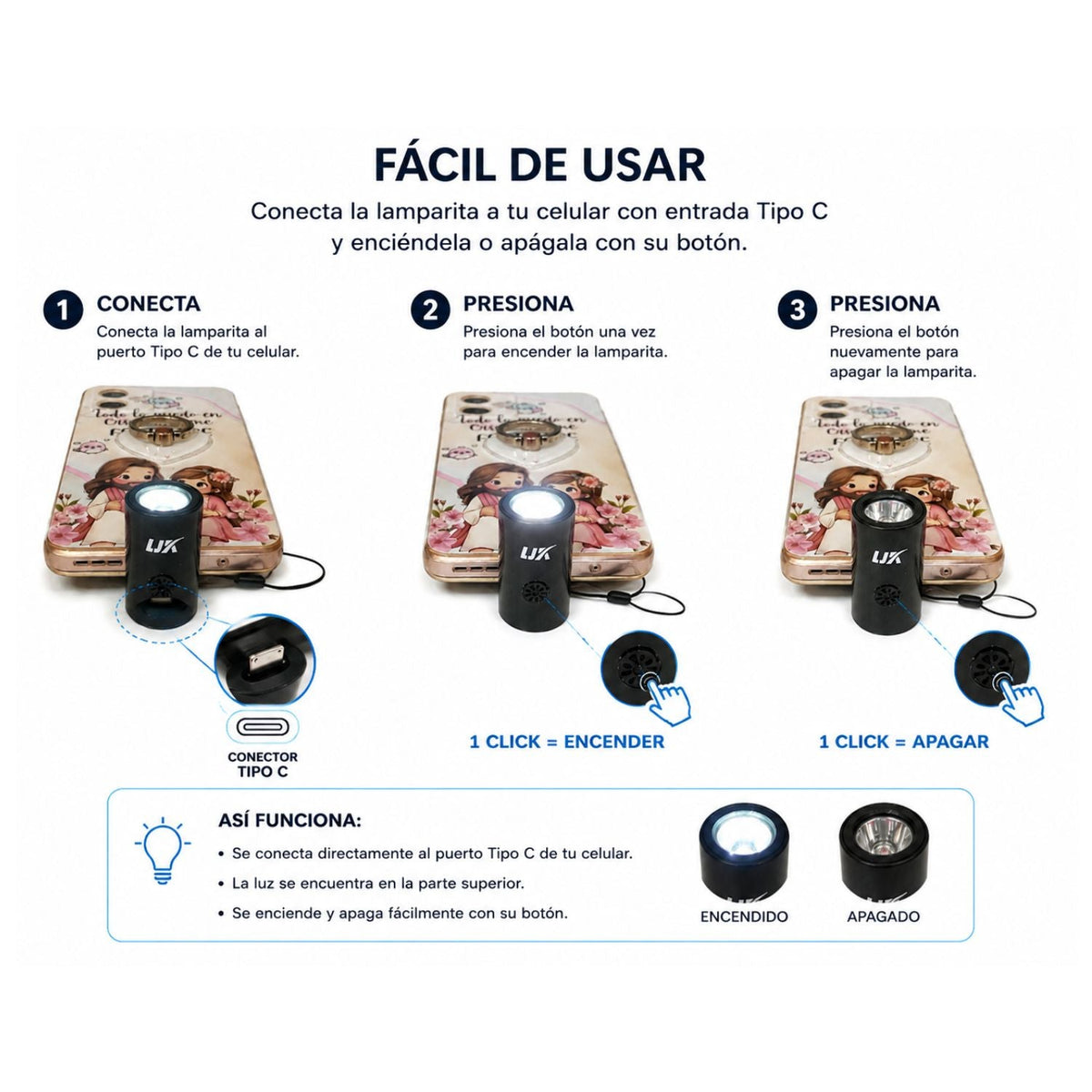 Mini lámpara LED con conector USB Tipo C para celular (MTYX79) - foto 4