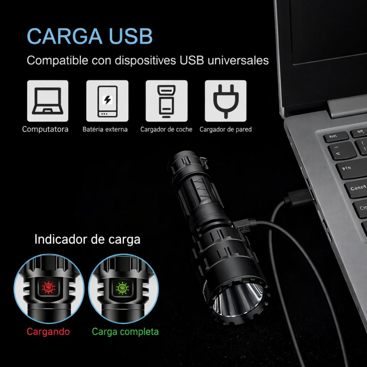 Linterna LED recargable USB-C IPX6 con 5 modos e interruptor remoto - foto 3
