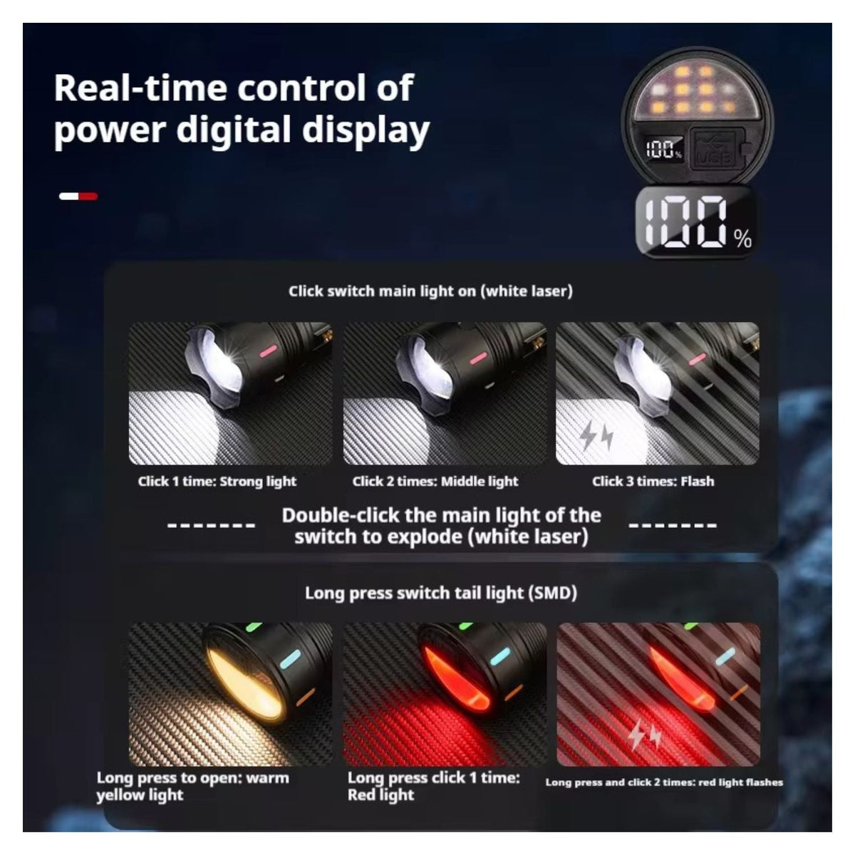Linterna recargable zoom con power bank, pantalla de batería y rompe vidrios - foto 7