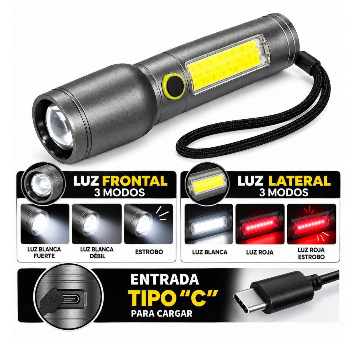 Lámpara LED recargable con luz frontal COB y lateral, 6 modos y correa - foto 3