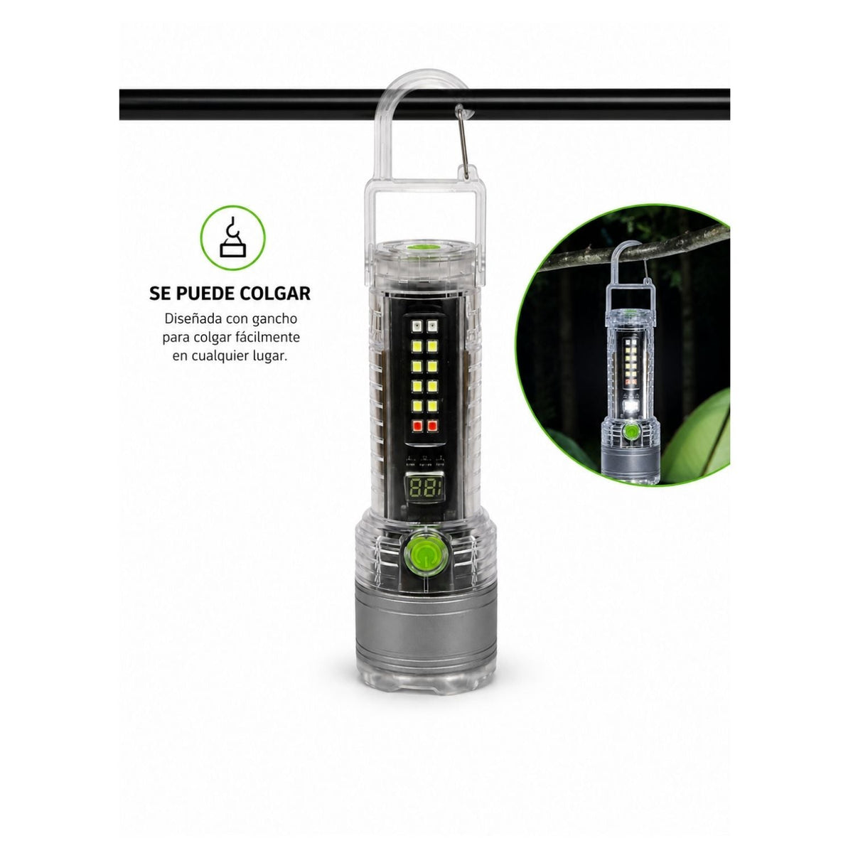 Lámpara LED recargable con luz UV, imán, mosquetón y pantalla digital - foto 5